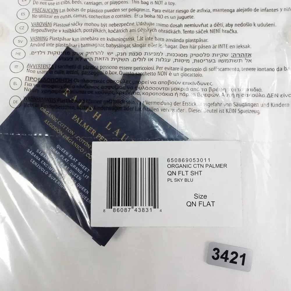 New Ralph Lauren Organic Cotton Percale Palmer Queen Flat Sheet White/Sky Blue